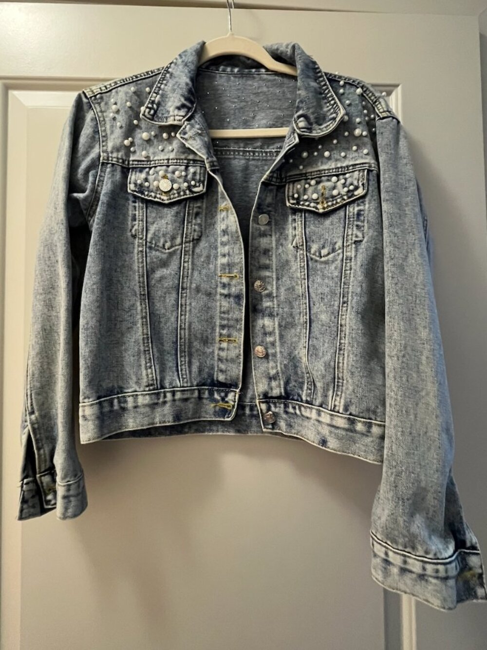 Oversized Denim Jacket Embroidered Pearls Beading Jeans Coat